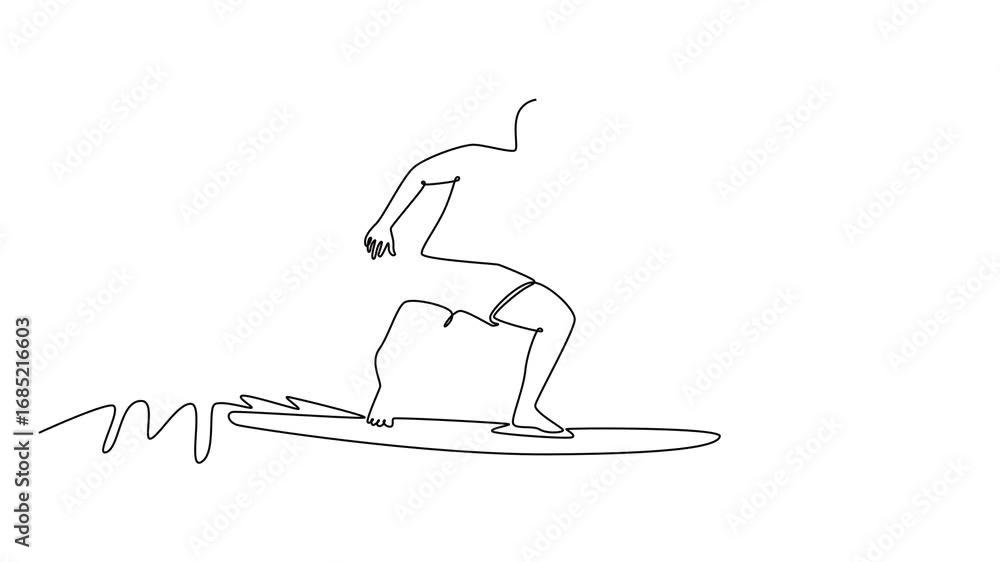 Poster animated self drawing of continuous line draw professional male surfer riding a wave. representing b