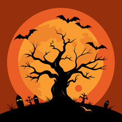 Spooky halloween scene with silhouetted tree bats and graveyard under a large orange moon