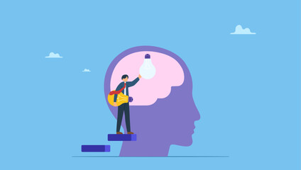Businessman replace new lightbulb idea on the brain in head. Knowledge or creativity to solve problem concept, intelligence, literature or education to success in work.