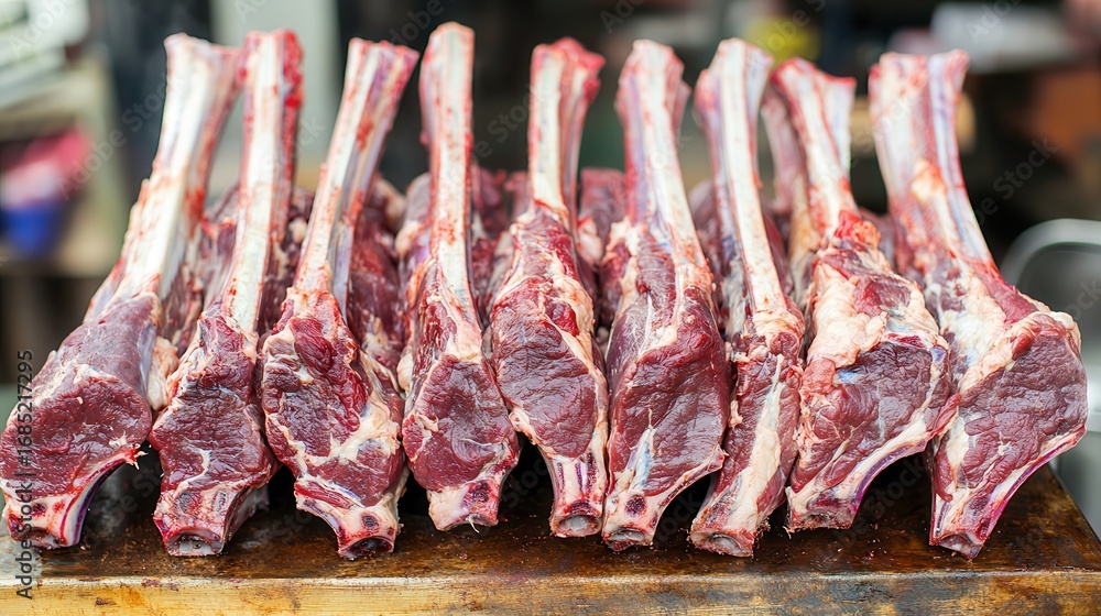 Poster fresh cuts of meat displayed on a wooden surface, showcasing an array of rib bones with a rich red h
