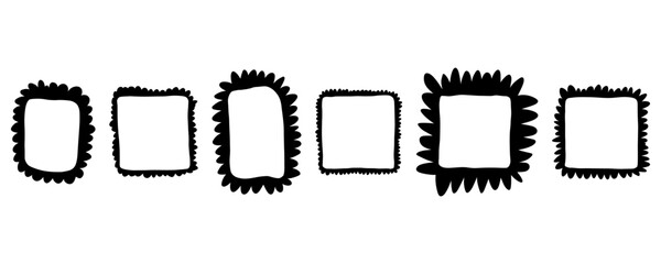 Hand drawn doodle frame set. Box, square, rectangle, carved edge shape brush pen line stroke scribble element. Hand drawn simple oval, square frame for text border. Vector illustration isolated 