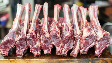 Fresh cuts of meat displayed on a wooden surface, showcasing an array of rib bones with a rich red hue, ready for preparation or sale.