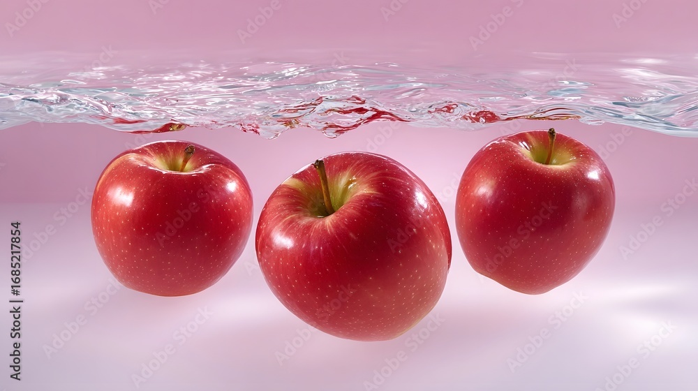 Aufkleber three vibrant red apples floating in water on a soft pink studio background, creating a fresh and na