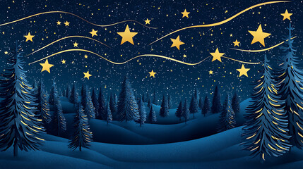 Winter Night Sky with Golden Stars and Evergreen Trees Under a Celestial Glow