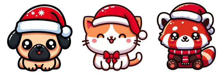 Obraz premium Kawaii Chibi Animals Wearing Santa Hat