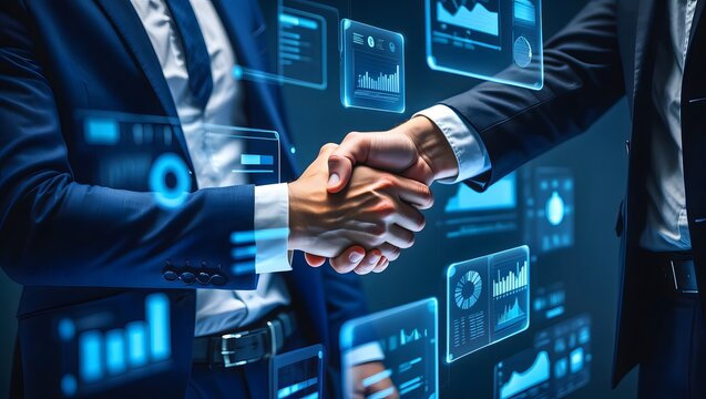 Business handshake with data analytics and technology integration for partnership success - Powered by Adobe