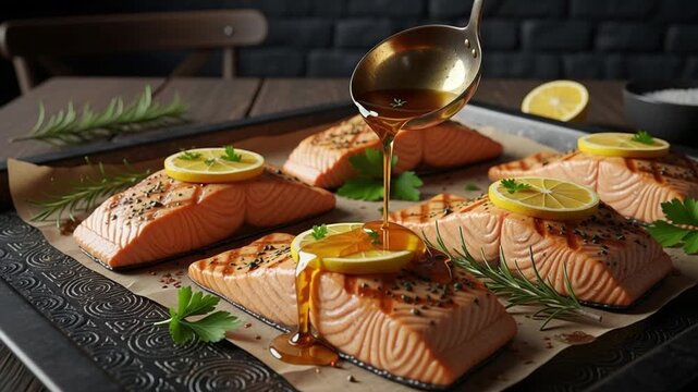 Salmon fillets being drizzled with sauce and garnished with lemon on a baking sheet close up