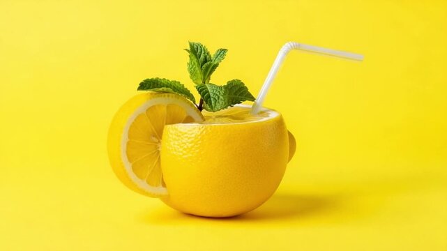 Lemon juice in a lemon cup with a straw and mint leaves on a yellow background studio shot close up