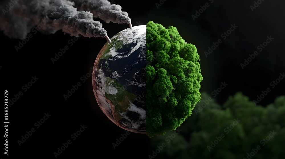 Poster the planet earth encased in a shroud of smoke and deforestation, highlighting the urgent need for su