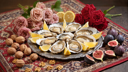 Culinary delight of oysters and fresh flowers on an elegant table
