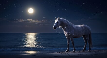 Fototapeta premium A white horse stands serenely on a moonlit beach at night.
