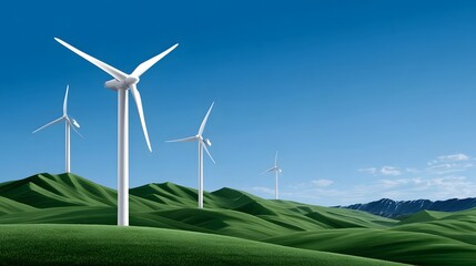 Obraz premium Wind turbines on rolling green hills harnessing renewable energy from the wind to power the surrounding area in an environmentally-friendly way