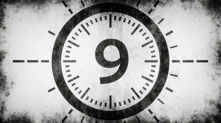 A retro movie countdown timer with a clock hand at nine.