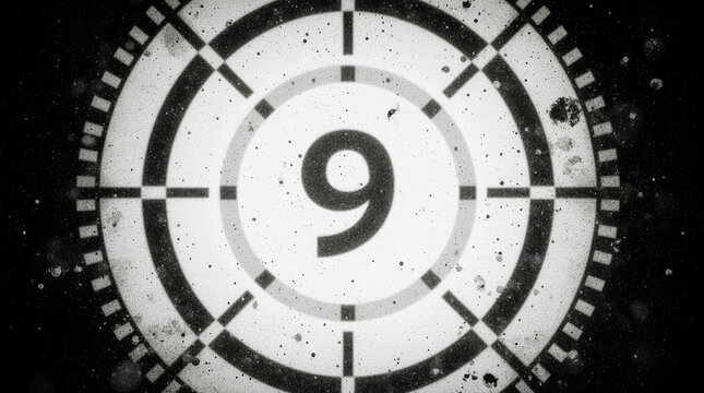 Grungy, retro film countdown at the number nine.
