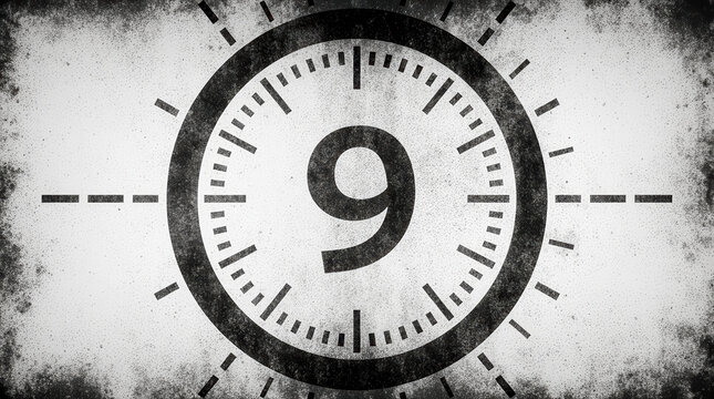 A retro movie countdown timer with a clock hand at nine.