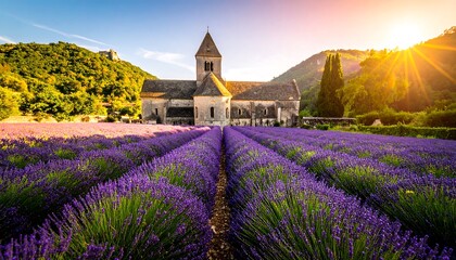 Lavender fields meet a historic church at sunrise