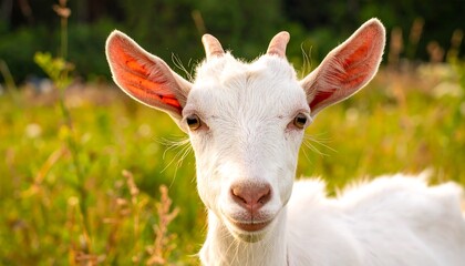 Obraz premium White Goat Portrait in Meadow