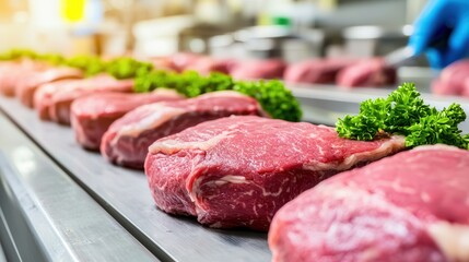 Fresh cuts of beef arranged on a conveyor belt, garnished with parsley, in a modern meat processing facility.