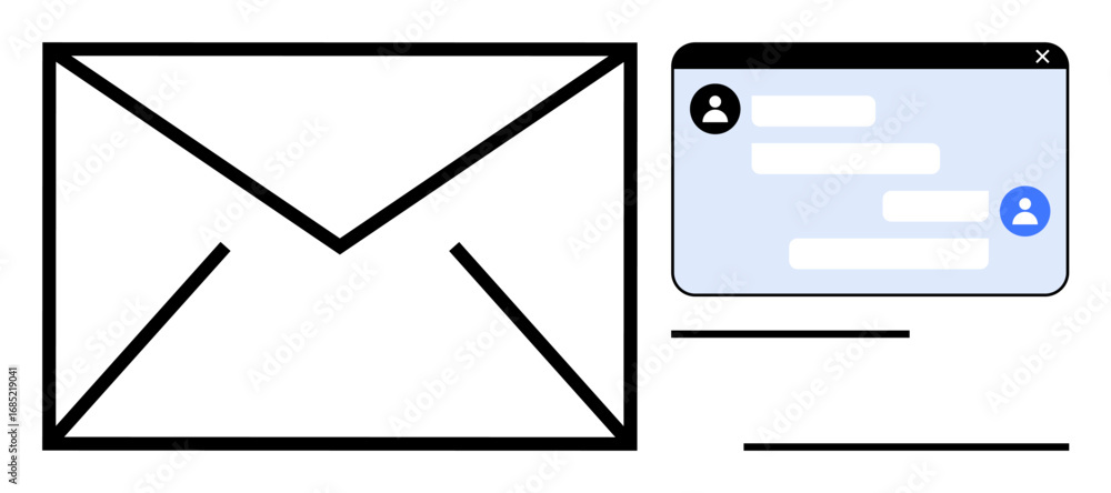 Poster envelope icon next to a digital chat window featuring user profiles and message threads. ideal for e