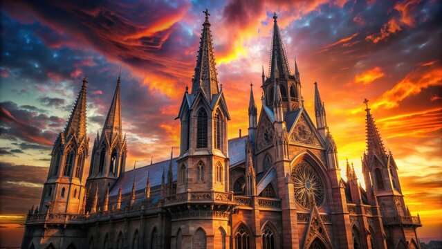 Photo of a majestic gothic cathedral with towering spires and intricate architectural details, set against a breathtaking sunset sky filled with vibrant orange, yellow, and purple clouds
