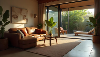 Fototapeta premium Modern Living Room Interior Design with Tan Leather Sectional Sofa