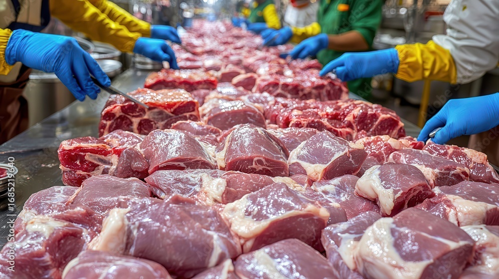 Poster a busy meat processing facility with workers in gloves handling various cuts of meat on a conveyor b