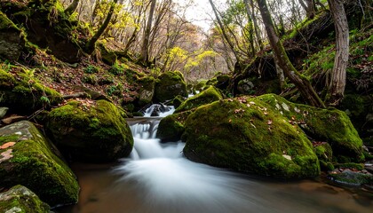Autumnal mountain stream flowing over mossy rocks