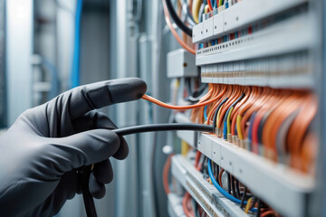 Electrician connecting wires in a server rack or control panel.