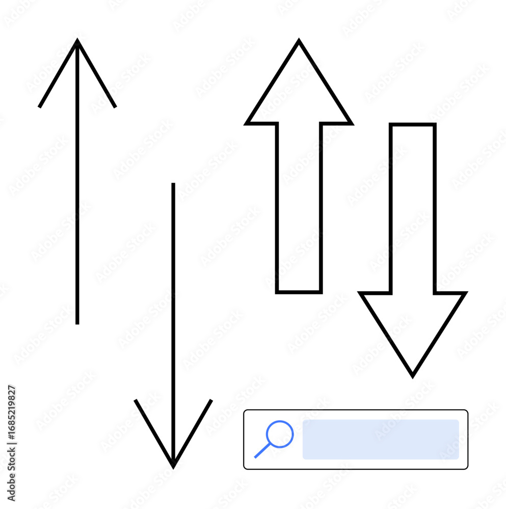 Poster upward and downward arrows of varying line styles next to a search bar symbolize navigation, choices