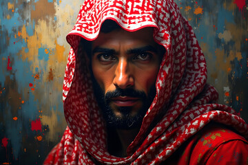 Art painting portrait of a mysterious character wearing a red and white keffiyeh brushstrokes, rough texture, colorful abstract background design illustration.