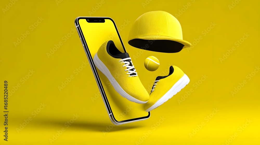 Poster a modern and minimalist composition featuring a yellow smartphone device and a matching yellow hat, 