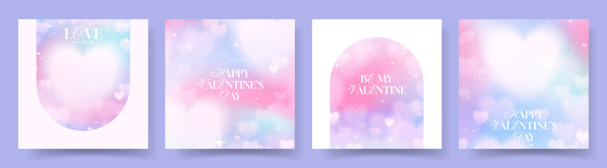 Happy Valentine's Day trendy cards. Vector banners with typography design, blurred hearts, stars on gentle gradient background. Valentine's Day cards in y2k style for branding, cover, social media.