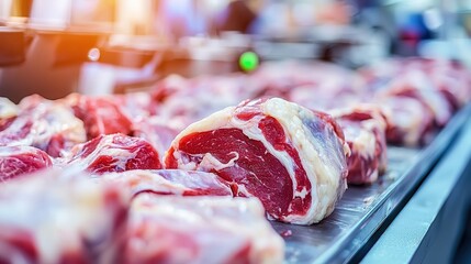 Fresh cuts of meat displayed on a counter, showcasing marbling and rich colors, indicating quality and freshness in a meat market setting.