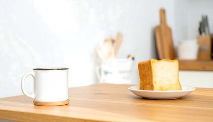 A slice of toast and a mug on a wooden table