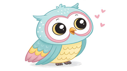 Fototapeta premium Cute, cartoon owl, light blue and yellow, big eyes, pink accents, surrounded by hearts, soft lighting, whimsical, close-up, cheerful, isolated on white. 