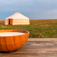 Wooden bowl of milk, yurt in background