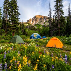 Camping in a meadow with mountains