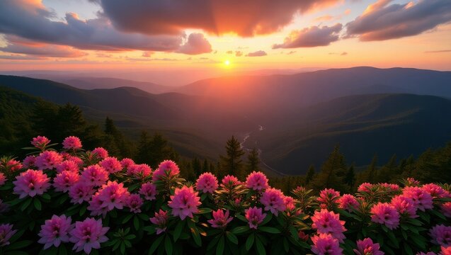 Vibrant pink wildflowers bloom in the foreground with a breathtaking sunset over misty mountains - Powered by Adobe