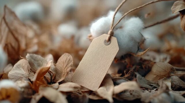 Closeup of an empty brown paper tag on cotton branches and dried leaves, eco friendly natural background.