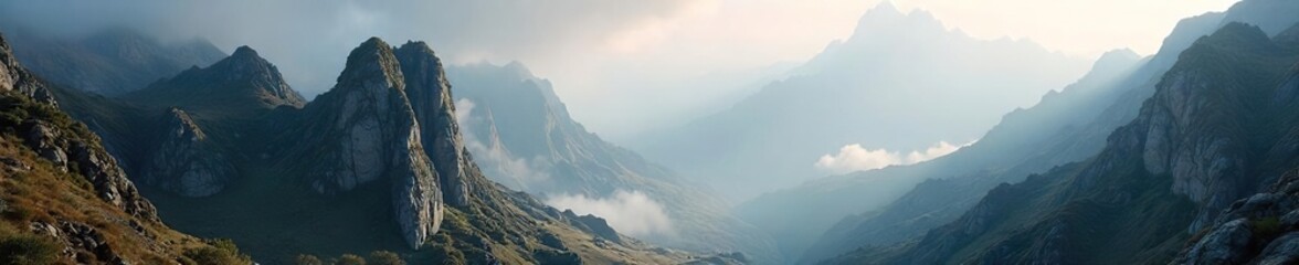 Fototapeta premium Mysterious Rock Formations Shrouded in Mist A Landscape of Geological Wonder and Hidden Secrets