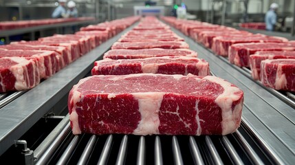 Fototapeta premium A conveyor belt lined with premium cuts of beef, showcasing the marbling and quality of the meat in a processing facility.
