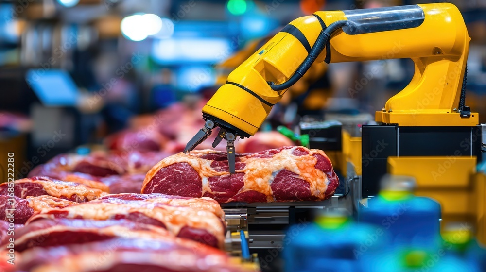 Poster a robotic arm is handling meat cuts on a production line, showcasing advanced automation in food pro