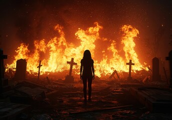 Solitary figure stands amidst a burning cemetery under a fiery sky