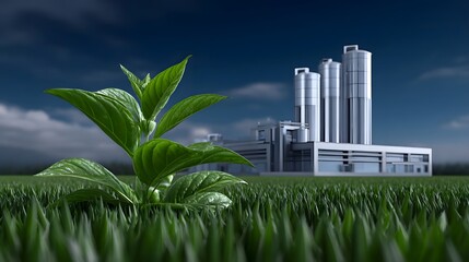 A lush green plant thriving in the foreground, providing a striking contrast to the imposing industrial buildings and cityscape in the background.