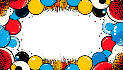 Vibrant comic book style frame with colorful circles and halftone dots surrounding a central white space, featuring pop art explosion elements.