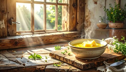 Sunlight streams into rustic kitchen, steaming bowl of soup