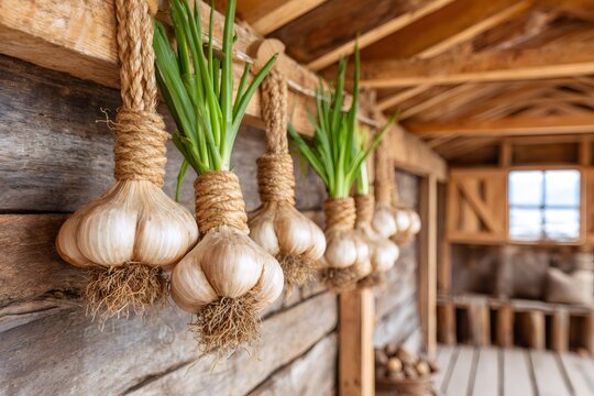 Fresh garlic bulbs hanging and drying in rustic wooden shed
