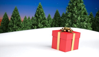 Christmas gift on snowy landscape at twilight
