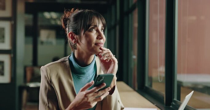 Phone, thinking and woman with smile for message, article proofreading or tech in cafe. Mature copywriter, draft or idea for project report with remote work for media agency, web magazine or planning