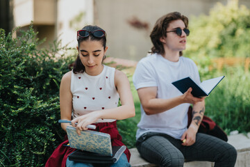 Two young students enjoy a sunny day while studying with notebooks outdoors, showing collaboration and focus.